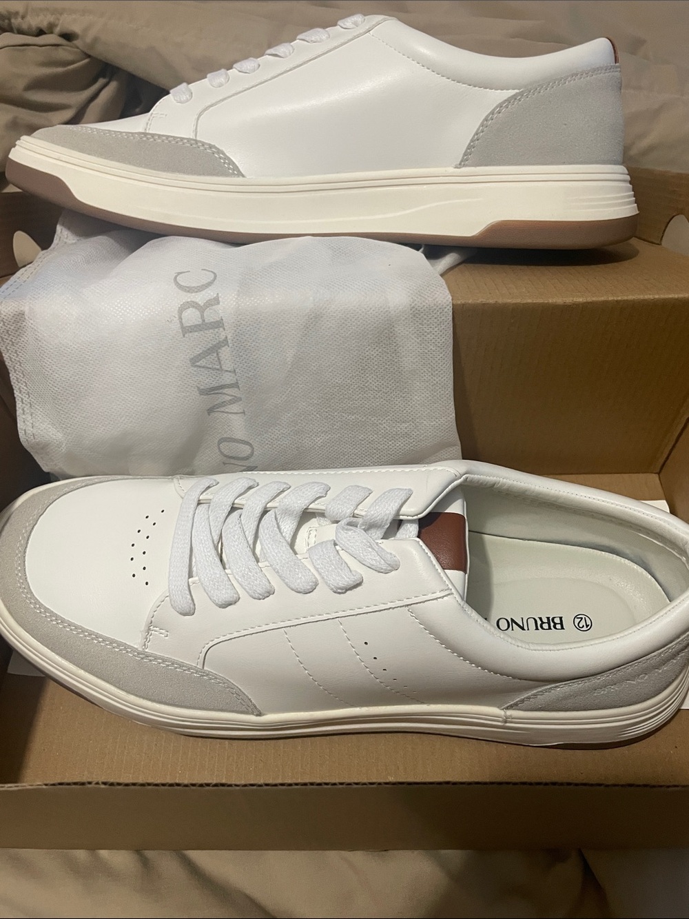 Bruno Marc Men’s White & Light Gray Leather Sneakers